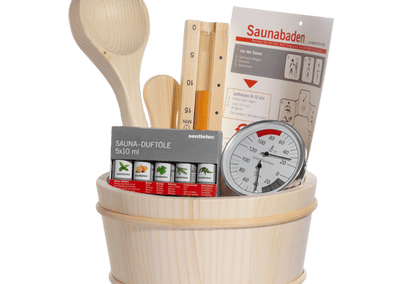 Sauna Kit: Bucket, ladle, Sand Timer, Thermometer, Essence Kit | Oyster Pools Sauna Kit: Bucket, ladle, Sand Timer, Thermometer, Essence Kit