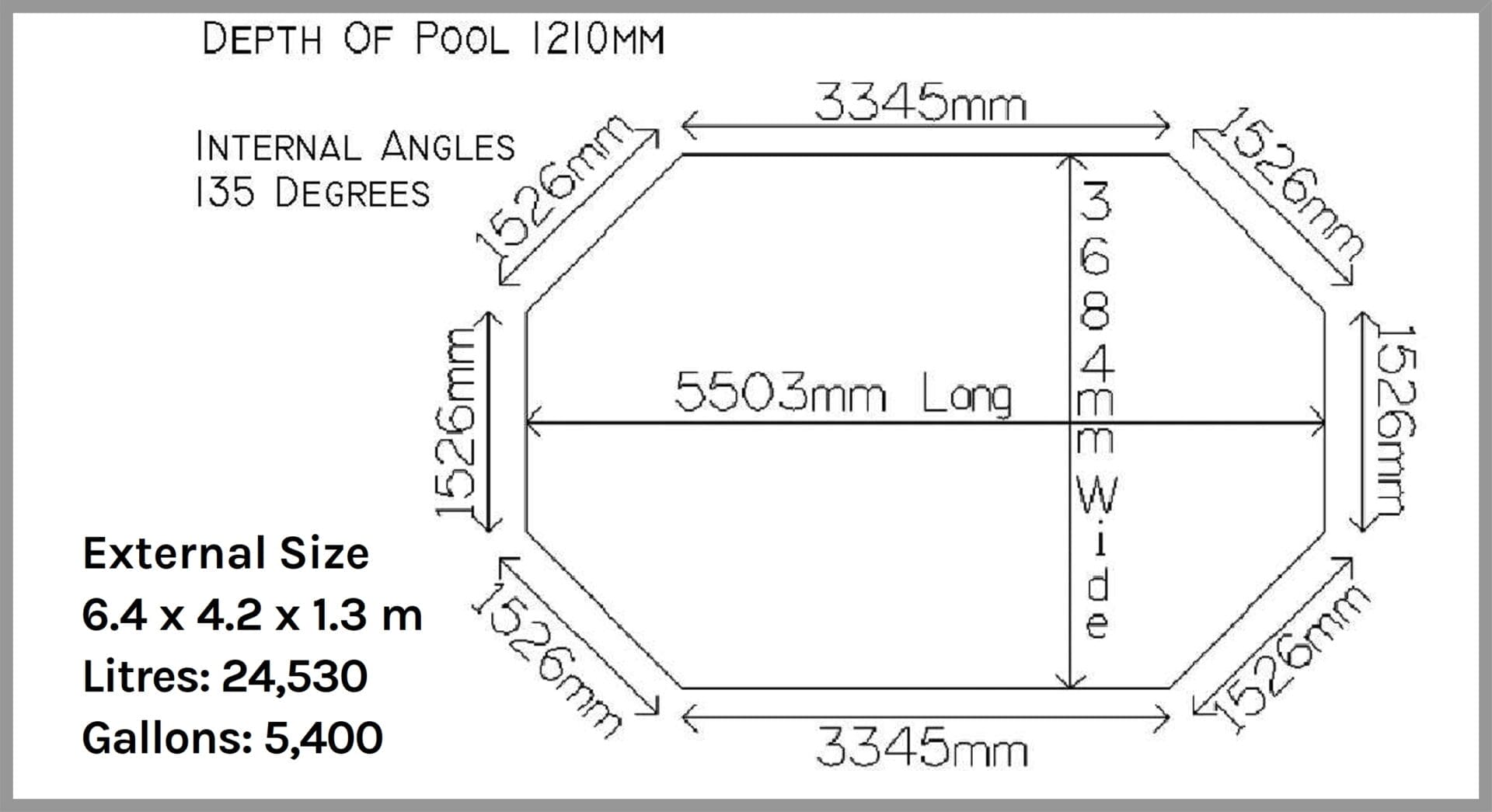 Diagram of an octagonal pool with external size 6.4 x 4.2 x 1.3 m and capacity 24,530 L (5,400 gal).