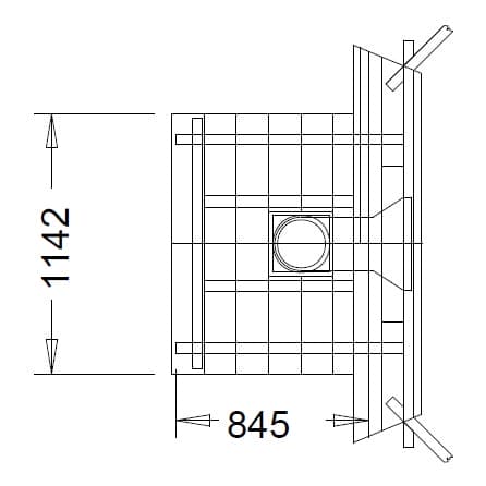 Technical blueprint of a hinged access hatch with a welded wire-mesh grate, a central circular opening, and side door with hinges; overall dimensions 1142 mm tall by 845 mm wide.